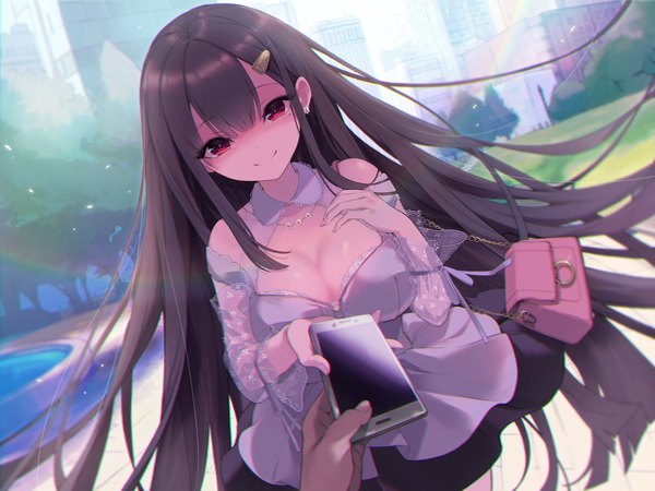 Anime picture 2000x1500 with original sakuma shiki looking at viewer fringe highres breasts light erotic smile hair between eyes red eyes brown hair large breasts bare shoulders cleavage outdoors very long hair sunlight city hand on chest solo focus
