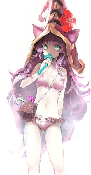 Anime picture 573x1100 with league of legends lulu (league of legends) joypyonn single tall image looking at viewer light erotic simple background standing white background bare shoulders green eyes animal ears purple hair very long hair cat ears girl navel underwear panties
