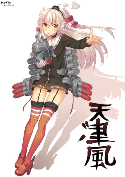 Anime picture 992x1402 with kantai collection amatsukaze destroyer rensouhou-kun nekomicha single long hair tall image looking at viewer light erotic yellow eyes white hair shadow two side up girl thighhighs weapon hat hair tubes sailor suit mini hat