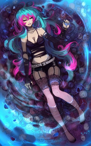 Anime picture 724x1165 with original amber (enijoi) enijoi single long hair tall image breasts light erotic bare shoulders pink hair lying eyes closed multicolored hair from above lips aqua hair midriff on back partially submerged makeup