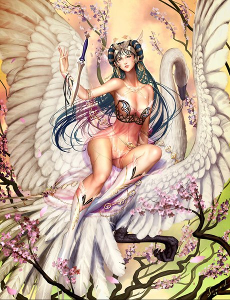 Anime picture 1024x1335 with sinad aruatjanapat long hair tall image light erotic blue hair cherry blossoms girl hair ornament weapon earrings animal bird (birds) branch knife swan