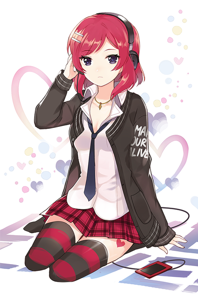 Anime picture 571x848 with love live! school idol project sunrise (studio) love live! nishikino maki apring single tall image looking at viewer fringe short hair sitting cleavage full body red hair black eyes partially open clothes yokozuwari hand on headphones girl thighhighs