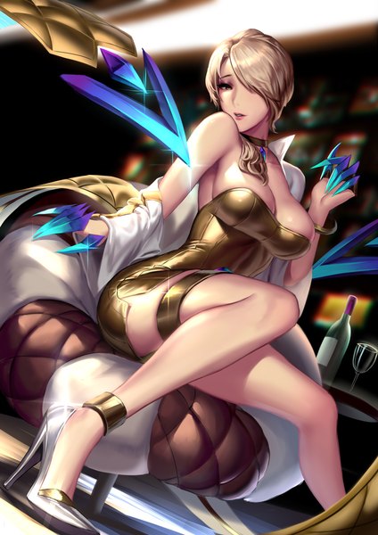 Anime picture 2480x3507 with league of legends k/da (league of legends) evelynn (league of legends) k/da evelynn cian yo single long hair tall image looking at viewer fringe highres breasts light erotic brown hair large breasts sitting brown eyes cleavage bent knee (knees) indoors