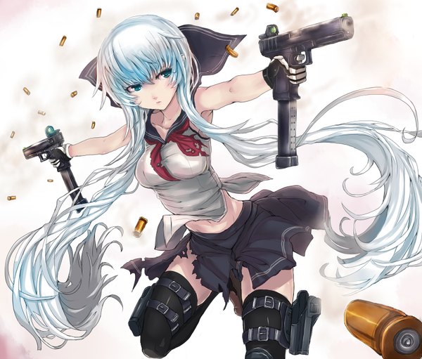 Anime picture 800x682 with original panzer single fringe blue eyes holding blue hair looking away bent knee (knees) white hair very long hair pleated skirt multicolored hair bare belly torn clothes gradient hair jumping shot casing ejection girl
