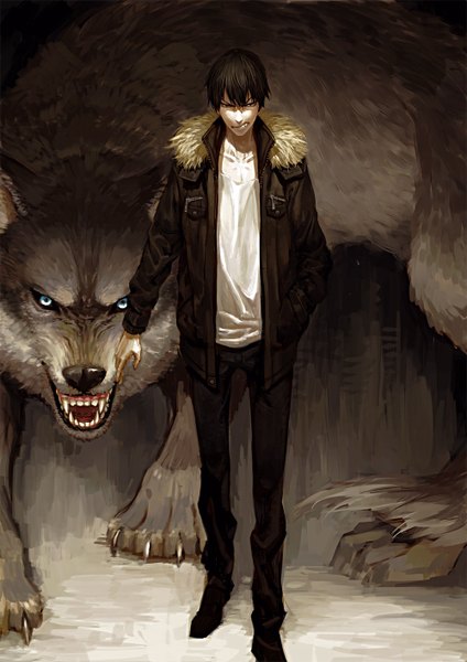 Anime picture 1000x1414 with yowamushi pedal arakita yasutomo lowrain_ tall image looking at viewer short hair blue eyes brown hair standing brown eyes open clothes open jacket teeth fang (fangs) grin hand in pocket boy animal jacket claws