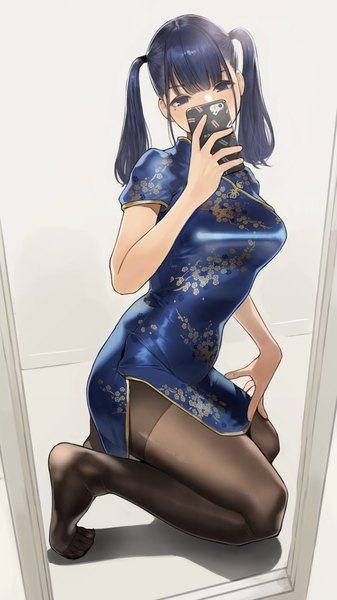 Anime picture 1152x2048 with miru tights nakabeni yua yomu (sgt epper) single long hair tall image fringe breasts blue eyes sitting twintails holding payot blue hair full body bent knee (knees) indoors traditional clothes head tilt mole