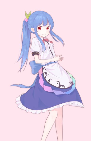 Anime picture 1600x2481 with touhou hinanawi tenshi kanpa (campagne 9) single long hair tall image looking at viewer simple background smile red eyes payot blue hair ponytail short sleeves puffy sleeves pink background alternate hairstyle fingers together no hat girl