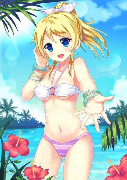 Anime picture 1300x1839 with love live! school idol project sunrise (studio) love live! ayase eli dance of eternity single long hair tall image looking at viewer breasts open mouth blue eyes light erotic blonde hair ponytail underboob outstretched hand girl navel flower (flowers)