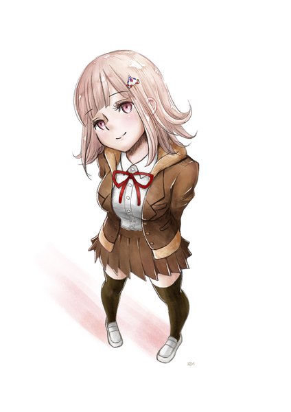 Anime picture 1000x1414 with dangan ronpa super dangan ronpa 2 nanami chiaki kaine (artist) single tall image blush fringe short hair simple background smile standing white background looking away pink hair full body pink eyes from above hands behind back girl