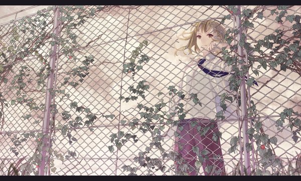 Anime picture 1000x600 with vocaloid gumi 72 (nananatsu) single long hair looking at viewer wide image brown eyes green hair letterboxed girl plant (plants) shirt necktie pants fence chain-link fence vines