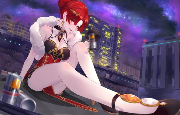 Anime picture 1517x972 with honkai impact 3rd benghuai xueyuan honkai (series) murata himeko kfr single looking at viewer blush fringe short hair breasts open mouth light erotic smile large breasts sitting bare shoulders holding cleavage bent knee (knees)