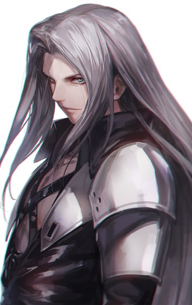 Anime picture 1500x2378 with final fantasy vii advent children final fantasy final fantasy vii square enix sephiroth luen kulo single long hair tall image looking at viewer fringe simple background white background payot silver hair upper body aqua eyes boy armor spaulder (spaulders)