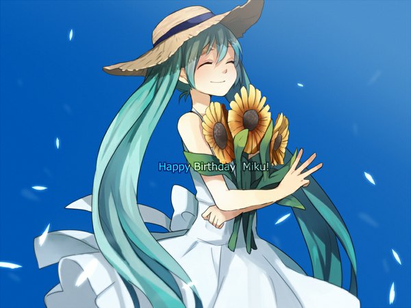 イラスト 1000x750 と ボーカロイド 初音ミク たま ソロ 長髪 simple background 笑顔 ツインテール 肩出し eyes closed 風 aqua hair happy blue background happy birthday 女の子 ドレス 花 帽子 白いドレス