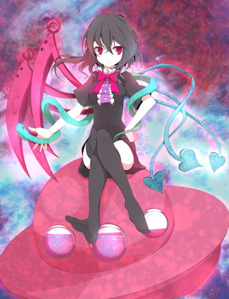 Anime picture 1295x1688 with touhou houjuu nue oouso (usotsukiya) single tall image short hair black hair red eyes crossed legs girl thighhighs dress black thighhighs animal wings snake spacecraft ufo flying saucer