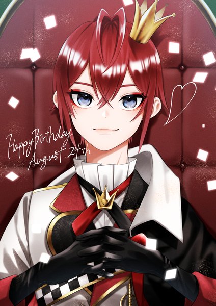 Anime picture 2894x4093 with twisted wonderland riddle rosehearts nazutaro single tall image looking at viewer fringe highres short hair blue eyes hair between eyes upper body red hair happy birthday boy heart crown mini crown