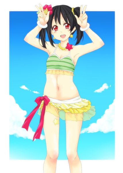 Anime picture 1000x1400 with love live! school idol project sunrise (studio) love live! yazawa nico itou ayachi long hair tall image blush open mouth light erotic black hair red eyes twintails hair flower girl navel hair ornament swimsuit