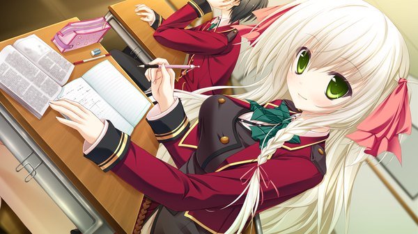 Anime picture 1280x720 with otome wa karen ni koi ni mai! kujou naori suien long hair looking at viewer blush smile wide image green eyes game cg white hair girl uniform ribbon (ribbons) hair ribbon school uniform bowtie book (books) desk