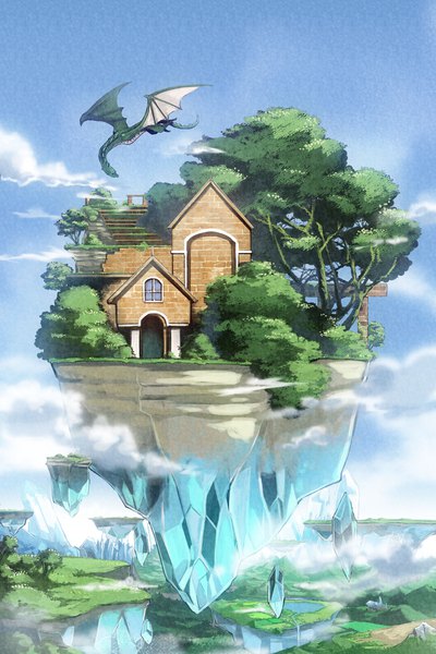 Anime picture 1500x2250 with original miso katsu tall image sky cloud (clouds) outdoors flying no people fantasy scenic river waterfall fog lake floating island gate plant (plants) tree (trees) water window
