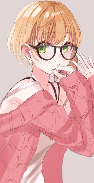 Anime picture 514x1000 with idolmaster idolmaster cinderella girls miyamoto frederica sinsihukunokonaka single tall image looking at viewer short hair open mouth simple background blonde hair green eyes off shoulder grey background hand to mouth bespectacled girl glasses cardigan