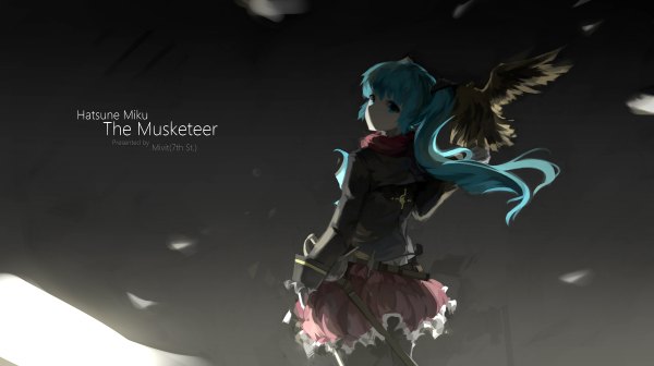 Anime picture 1200x672 with vocaloid hatsune miku mivit single long hair looking at viewer blue eyes simple background wide image twintails blue hair looking back light dark background girl skirt weapon animal jacket scarf