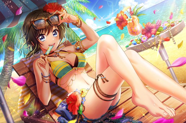 Anime picture 1528x1016 with d4dj akashi maho single looking at viewer blush fringe short hair blue eyes light erotic hair between eyes brown hair sky cloud (clouds) barefoot hair flower sunlight official art sparkle dutch angle beach