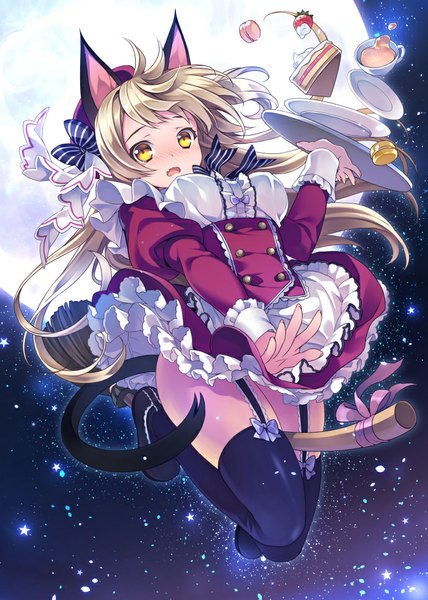 Anime picture 700x982 with original riv single long hair tall image looking at viewer blush open mouth blonde hair animal ears yellow eyes sky tail animal tail cat ears maid cat girl cat tail flying broom riding