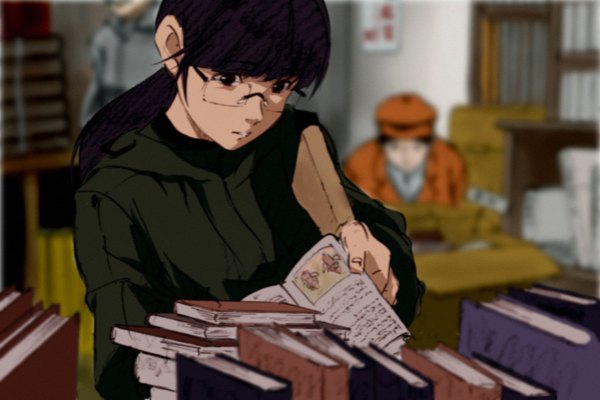 Anime picture 1198x800 with kumosuke black hair ponytail reading girl boy glasses book (books) flat cap box
