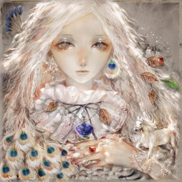 Anime picture 1650x1650 with original yogisya single long hair looking at viewer simple background brown eyes white hair grey background close-up pale skin girl hair ornament earrings animal choker pendant leaf (leaves) jewelry feather (feathers)