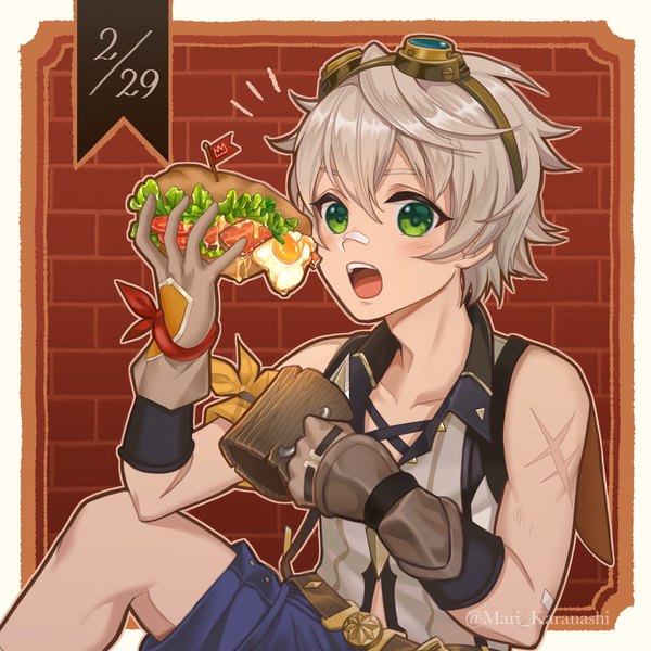 Anime picture 2000x2000 with genshin impact bennett (genshin impact) karanashi mari single highres short hair open mouth green eyes signed silver hair twitter username border dated scar eating outside border goggles on head bandaid on nose boy food