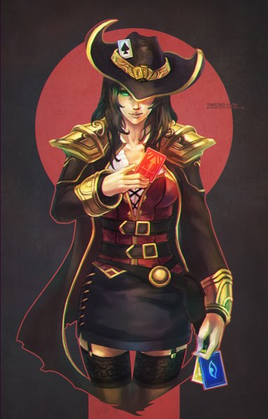 Anime picture 2244x3508 with league of legends twisted fate (league of legends) monori rogue single long hair tall image looking at viewer highres black hair simple background green eyes lips genderswap girl thighhighs skirt black thighhighs hat armor garter straps