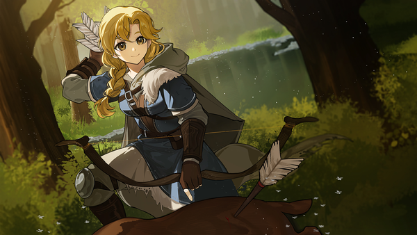 Anime picture 1920x1080 with volcano princess rose (volcano princess) leclle single long hair fringe highres blonde hair smile hair between eyes wide image holding brown eyes looking away game cg outdoors braid (braids) arm up dutch angle kneeling