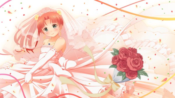 Anime picture 1600x900 with fractale nessa nukunuku (hinataboltuko) long hair wide image bare shoulders green eyes red hair girl dress gloves flower (flowers) ribbon (ribbons) petals elbow gloves rose (roses) bouquet red rose wedding dress veil