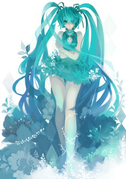 Anime picture 706x1000 with vocaloid hatsune miku single tall image fringe breasts simple background standing white background twintails very long hair aqua eyes aqua hair alternate costume legs girl ribbon (ribbons) plant (plants) hair ribbon