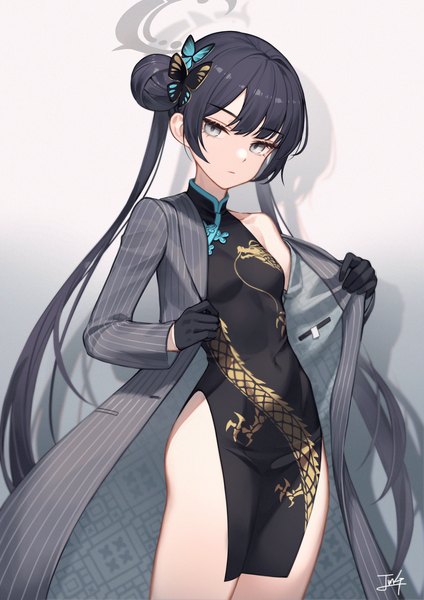 Anime picture 2480x3508 with blue archive kisaki (blue archive) baek hyang single long hair tall image looking at viewer blush fringe highres breasts light erotic black hair simple background standing white background twintails signed blunt bangs traditional clothes