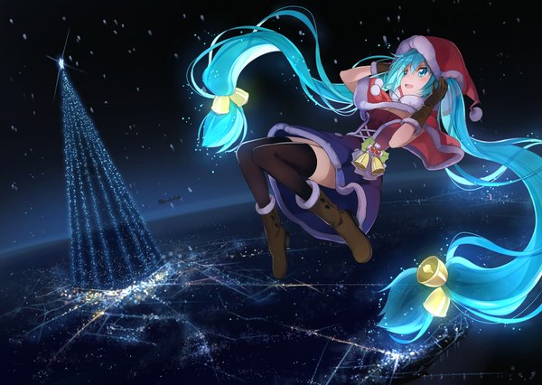 Anime picture 1600x1137 with vocaloid hatsune miku beek (artist) single blush open mouth twintails very long hair aqua eyes aqua hair night fur trim christmas flying girl thighhighs dress gloves black thighhighs hat