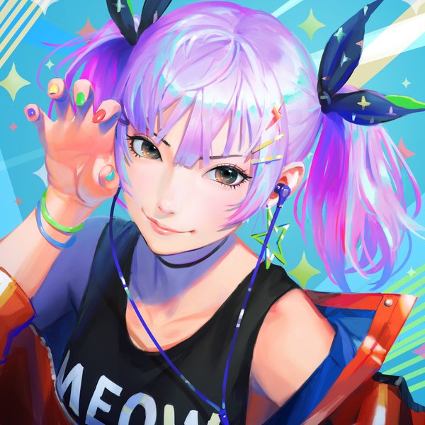 Anime picture 1920x1920 with original arata yokoyama single looking at viewer fringe highres short hair hair between eyes twintails brown eyes purple hair upper body nail polish arm up lips realistic open jacket sparkle text short twintails