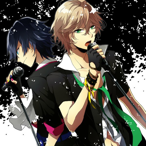 Anime picture 1000x1000 with uta no prince-sama a-1 pictures ichinose tokiya shinomiya satsuki hana (mew) short hair open mouth blue eyes blonde hair smile green eyes blue hair nail polish profile multiple boys back to back singing boy bracelet fingerless gloves