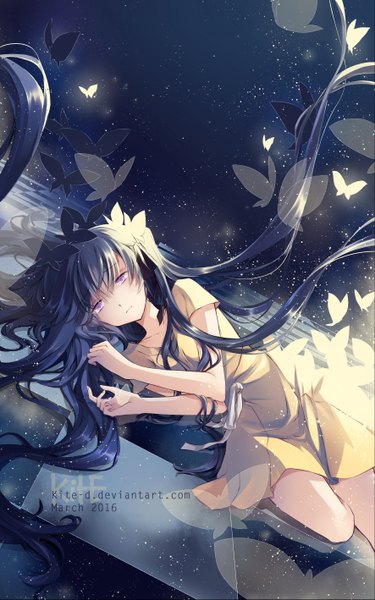 Anime picture 1771x2834 with original kite-d single tall image blush fringe highres purple eyes twintails signed blue hair looking away bent knee (knees) lying very long hair dutch angle checkered floor floor girl dress