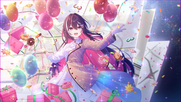 Anime picture 1920x1080 with virtual youtuber hololive azki (hololive) azki (4th costume) (hololive) chihiro ayaka single long hair fringe highres open mouth smile hair between eyes brown hair wide image purple eyes looking away pink hair long sleeves nail polish multicolored hair