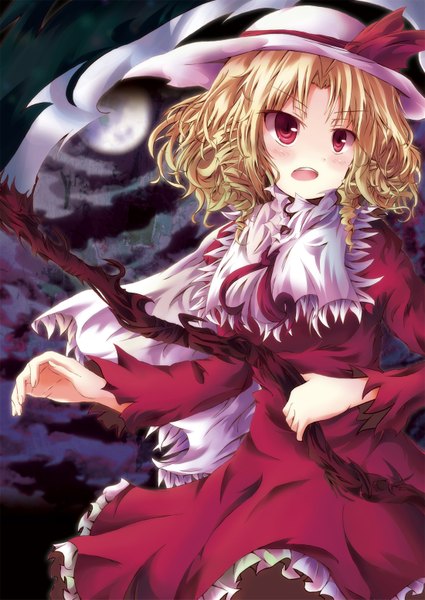 Anime picture 1100x1553 with touhou elly (touhou) tamago gohan tall image blush short hair open mouth blonde hair red eyes night torn clothes girl hat moon scythe