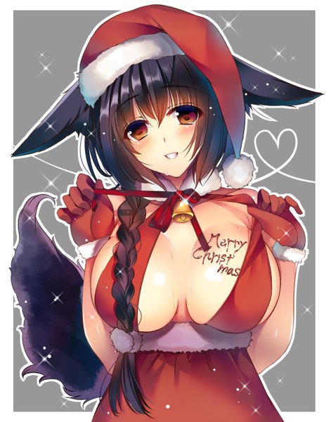 Anime picture 2192x2792 with original hanpen (hannpenn2) single long hair tall image looking at viewer blush highres breasts light erotic black hair smile brown eyes animal ears tail braid (braids) animal tail fur trim christmas merry christmas