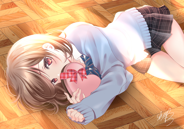 Anime picture 1769x1248 with original sheepd single looking at viewer blush highres short hair red eyes brown hair signed lying thigh gap sleeves past wrists on side plaid skirt covered mouth floor valentine girl skirt