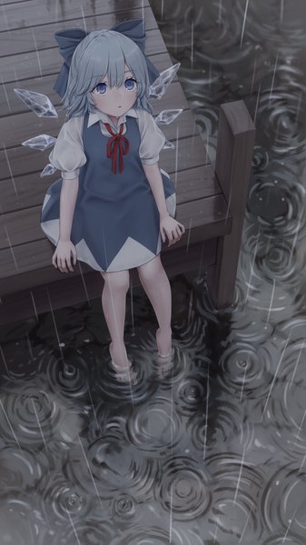 Anime picture 1080x1920 with touhou cirno torinari (dtvisu) single tall image fringe short hair blue eyes hair between eyes sitting blue hair full body from above puffy sleeves looking up rain soaking feet ripples girl dress