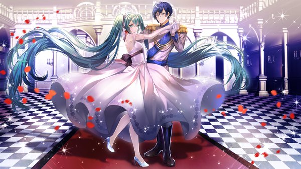 Anime picture 2688x1512 with vocaloid cendrillon (vocaloid) hatsune miku kaito (vocaloid) abandon ranka looking at viewer fringe highres short hair blue eyes hair between eyes wide image standing twintails blue hair full body indoors very long hair aqua eyes aqua hair