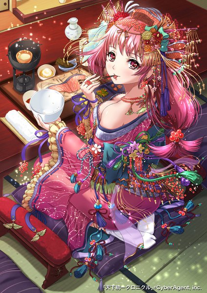 Anime picture 800x1131 with tenkuu no crystalia sakiyamama single long hair tall image looking at viewer blush fringe breasts light erotic red eyes sitting bare shoulders holding pink hair cleavage indoors traditional clothes japanese clothes looking back