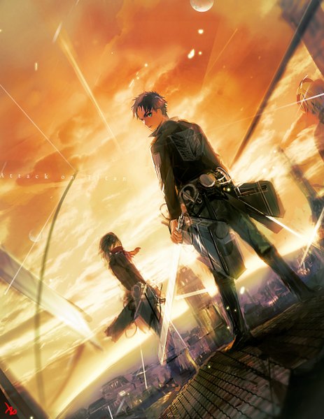 Anime picture 1000x1294 with shingeki no kyojin production i.g mikasa ackerman eren yaeger zis (artist) tall image looking at viewer short hair blue eyes brown hair holding signed sky cloud (clouds) looking back evening sunset horizon dual wielding girl