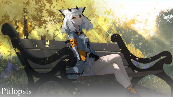 Anime picture 2304x1296 with arknights ptilopsis (arknights) eps3rd single fringe highres short hair wide image sitting signed animal ears yellow eyes outdoors white hair blunt bangs horn (horns) sunlight open jacket shadow character names