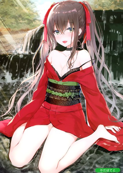 Anime picture 2105x2958 with melonbooks yadapot single long hair tall image looking at viewer fringe highres breasts light erotic hair between eyes brown hair sitting twintails bare shoulders green eyes signed payot full body bent knee (knees)