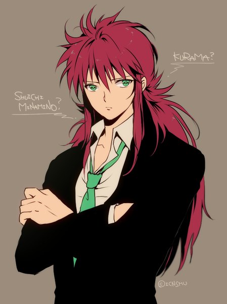 Anime picture 645x862 with yu yu hakusho kurama nagisa-a single long hair tall image fringe simple background hair between eyes green eyes signed upper body red hair character names twitter username text crossed arms open collar brown background question