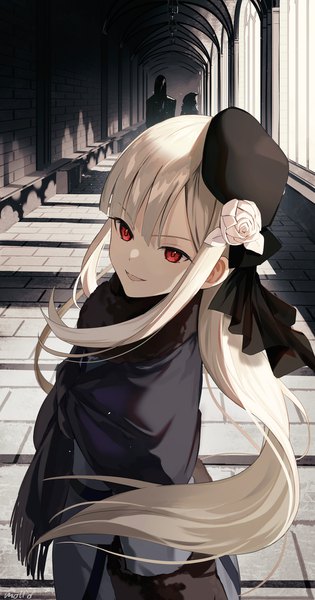 Anime picture 1049x2000 with fate (series) lord el-melloi ii case files reines el-melloi archisorte waver velvet gray (fate) lord el-melloi ii mocha (mokaapolka) long hair tall image open mouth red eyes multiple girls silver hair indoors :d shadow solo focus silhouette brick wall girl